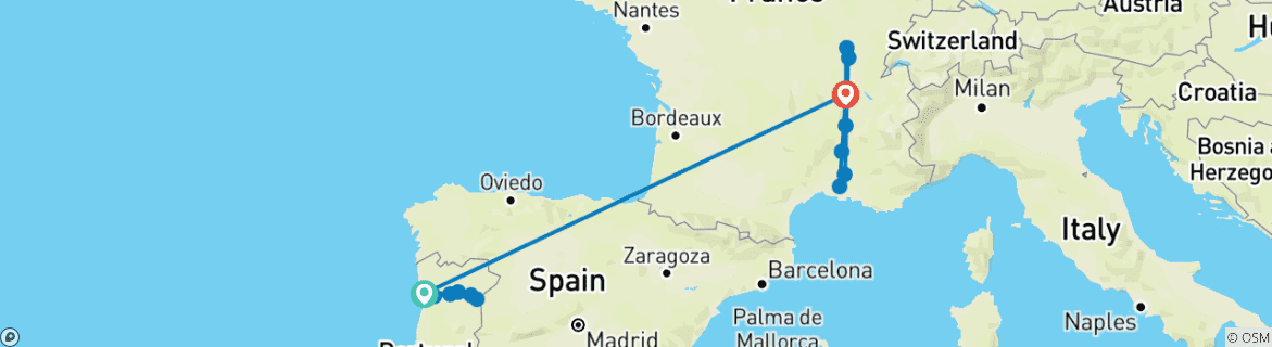 Image of a map showing the route of the tour