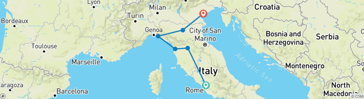 Image of a map showing the route of the tour