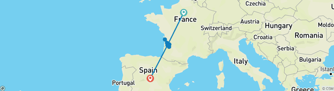 Image of a map showing the route of the tour