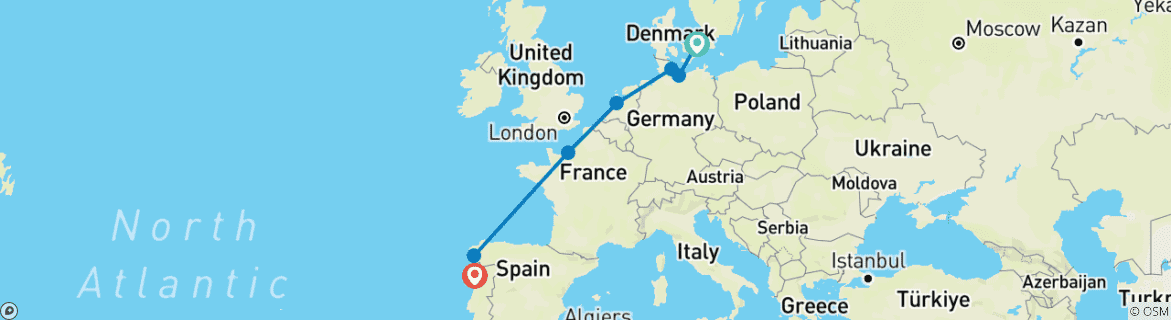 Image of a map showing the route of the tour