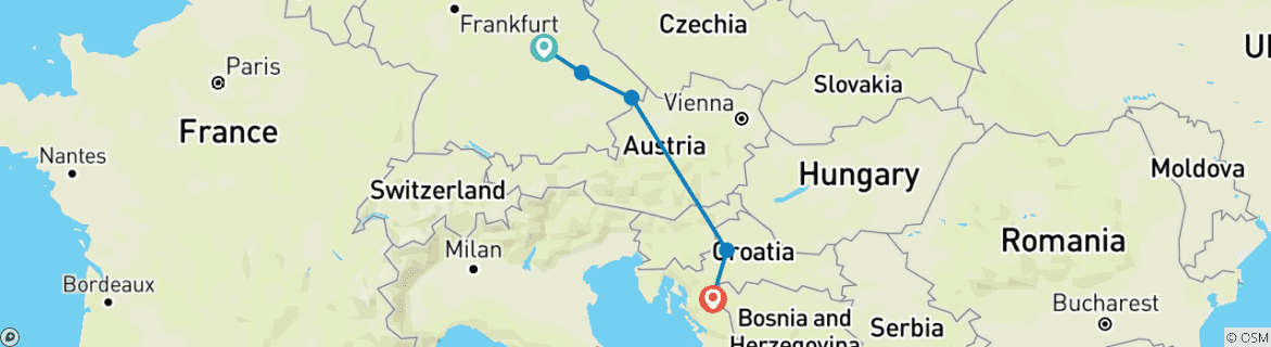 Image of a map showing the route of the tour