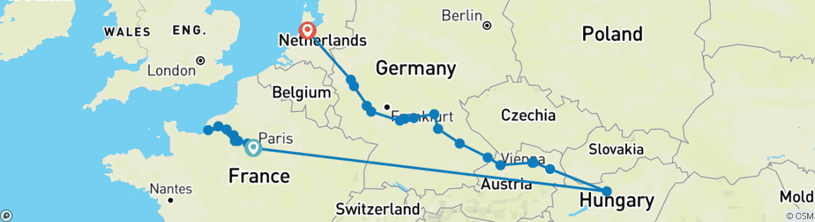Image of a map showing the route of the tour