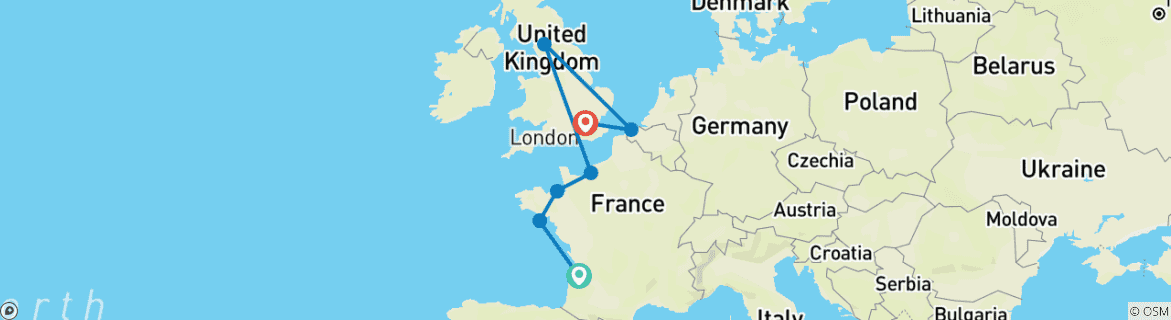Image of a map showing the route of the tour