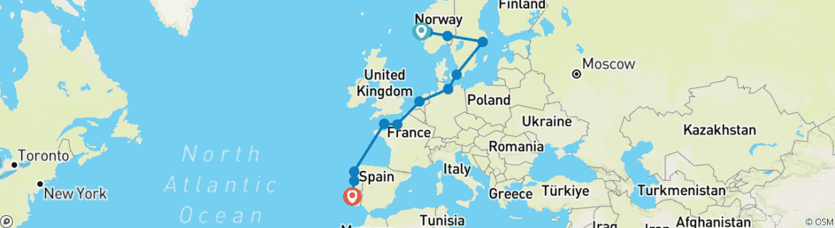 Image of a map showing the route of the tour