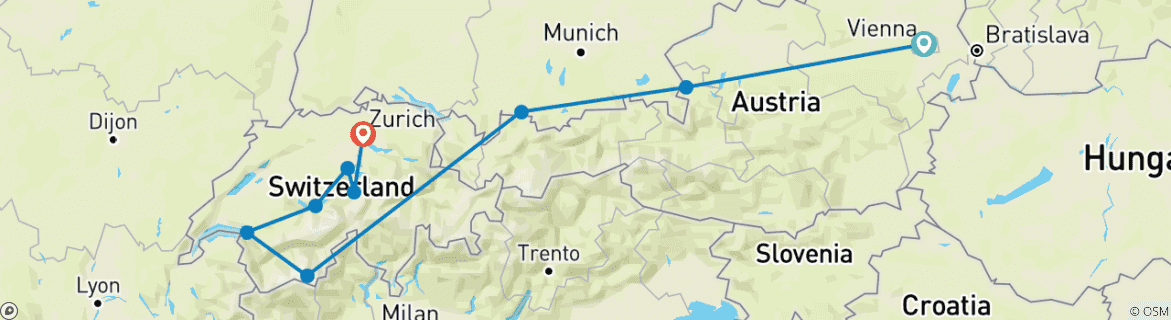Image of a map showing the route of the tour