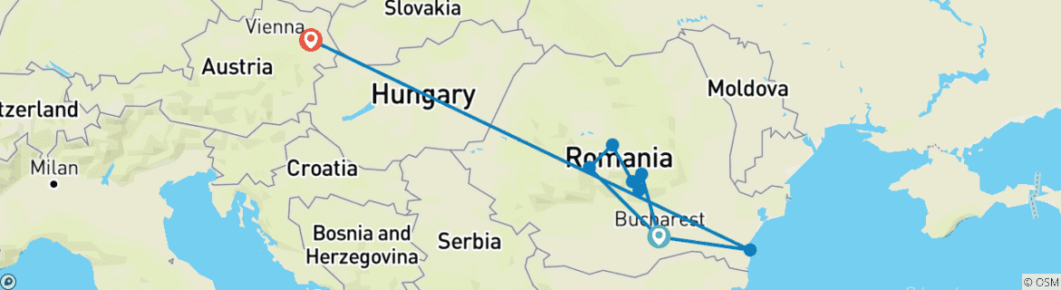Image of a map showing the route of the tour