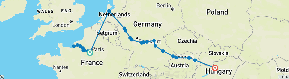 Image of a map showing the route of the tour