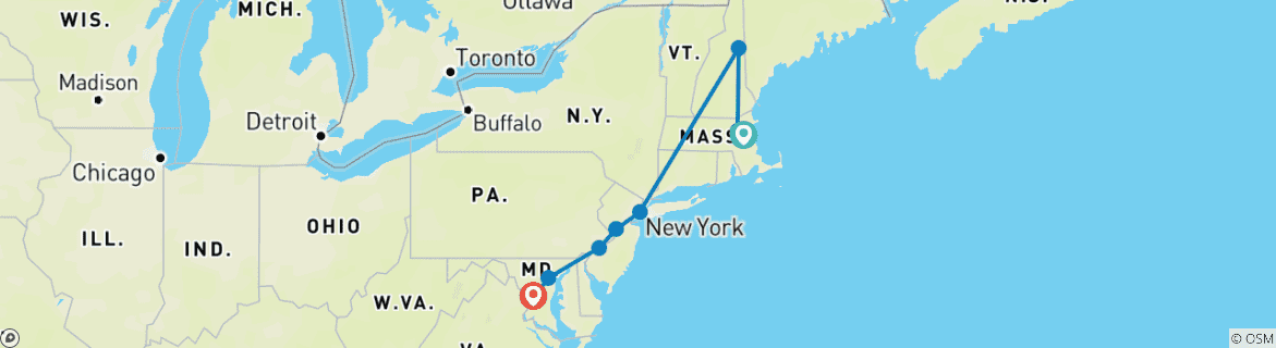 Image of a map showing the route of the tour