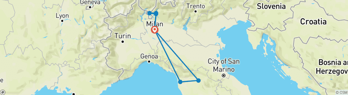 Image of a map showing the route of the tour