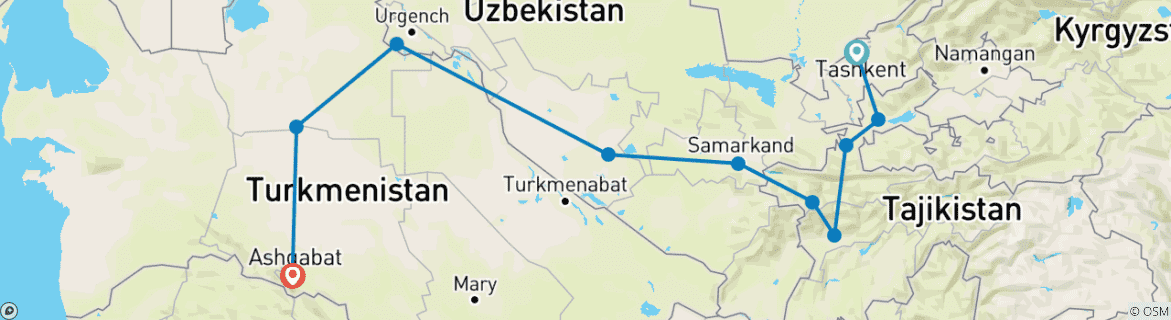 Image of a map showing the route of the tour
