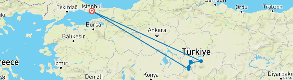 Image of a map showing the route of the tour