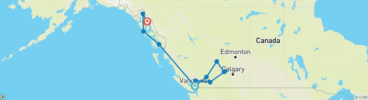 Image of a map showing the route of the tour