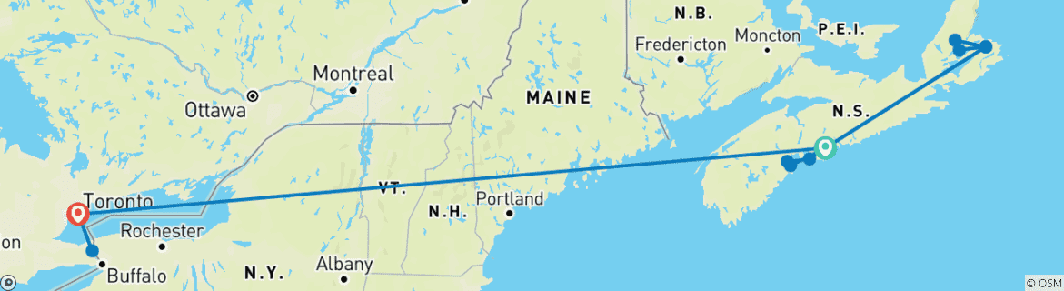 Image of a map showing the route of the tour