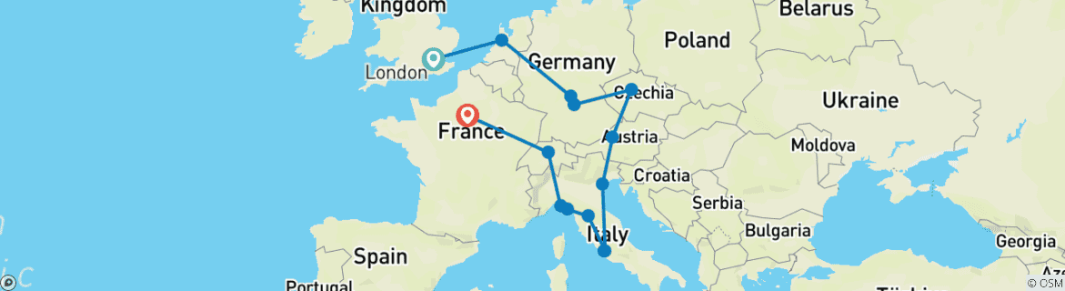 Image of a map showing the route of the tour