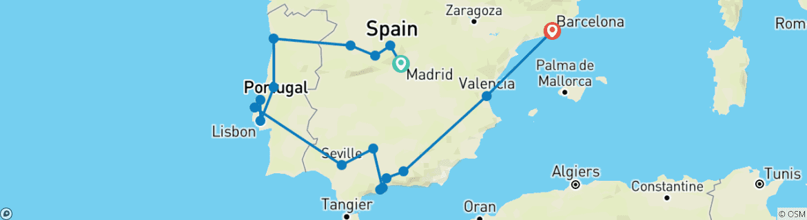 Image of a map showing the route of the tour