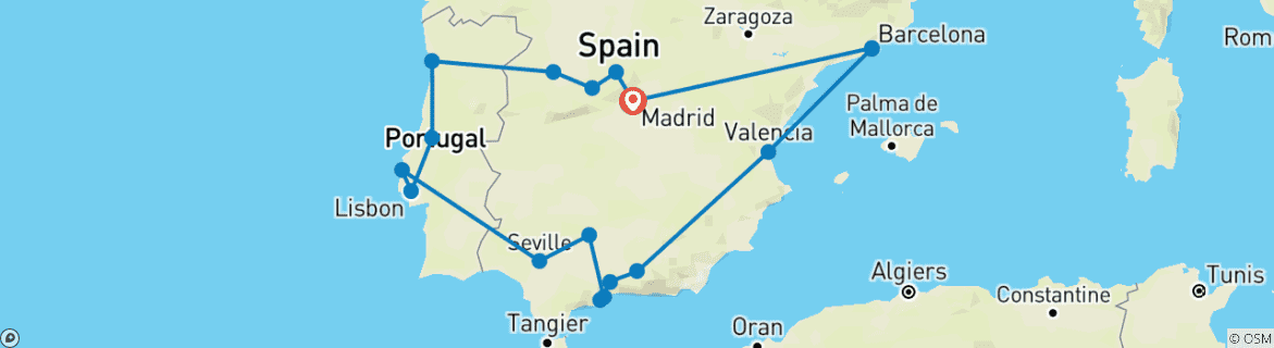Image of a map showing the route of the tour