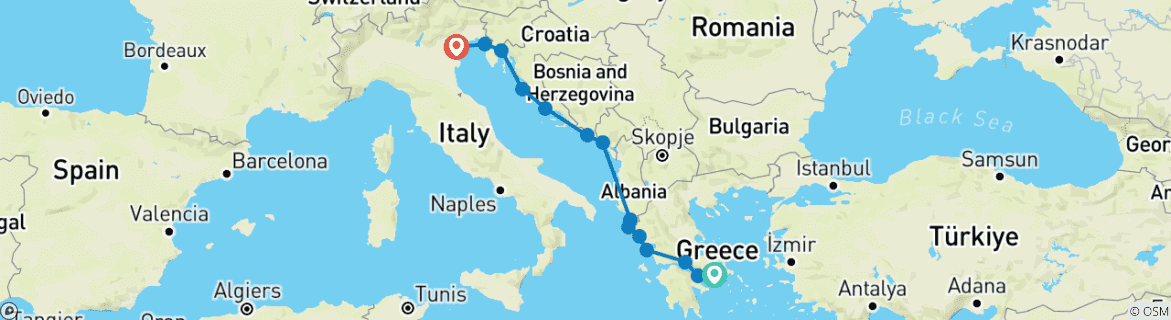 Image of a map showing the route of the tour