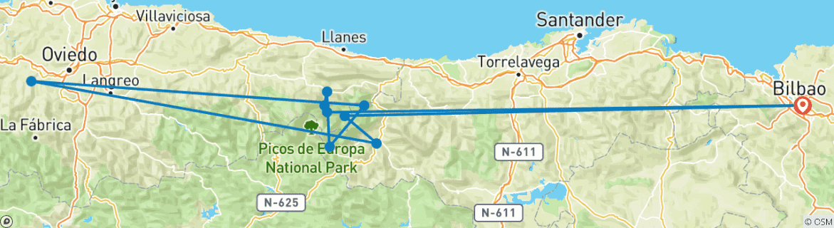 Image of a map showing the route of the tour