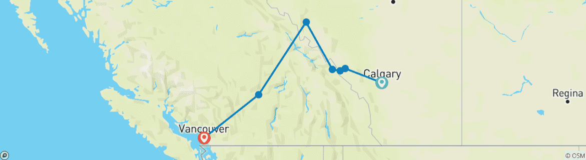Image of a map showing the route of the tour