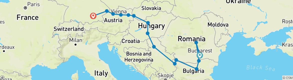 Image of a map showing the route of the tour