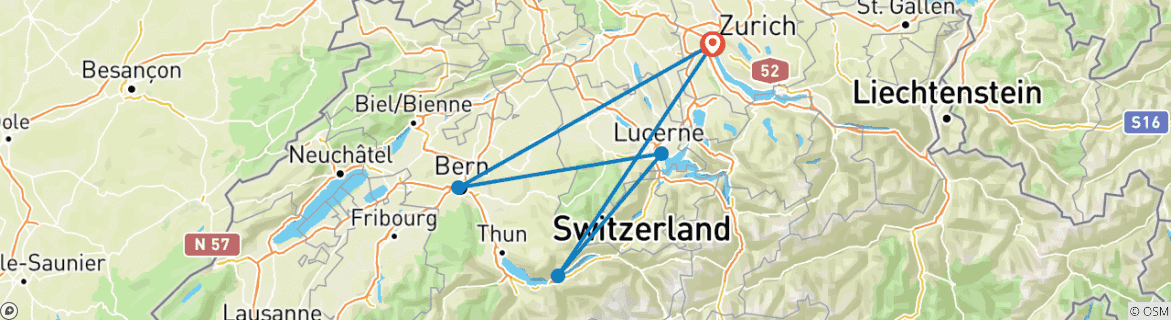 Image of a map showing the route of the tour