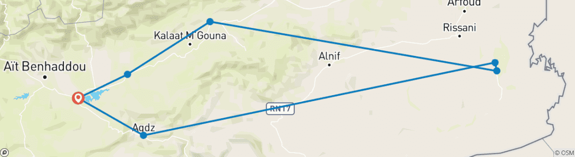 Image of a map showing the route of the tour