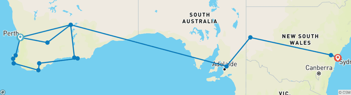 Image of a map showing the route of the tour