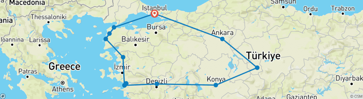 Image of a map showing the route of the tour