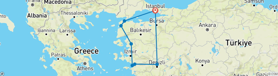 Image of a map showing the route of the tour