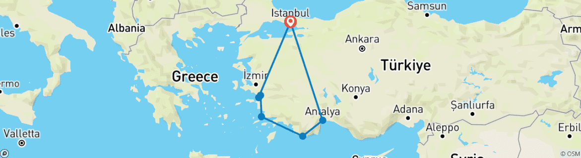 Image of a map showing the route of the tour