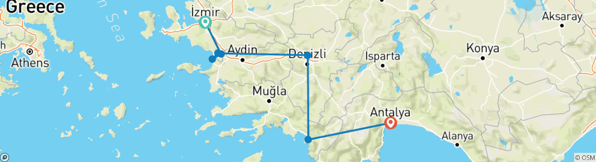 Image of a map showing the route of the tour