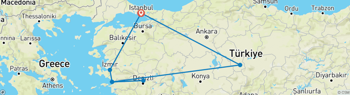 Image of a map showing the route of the tour