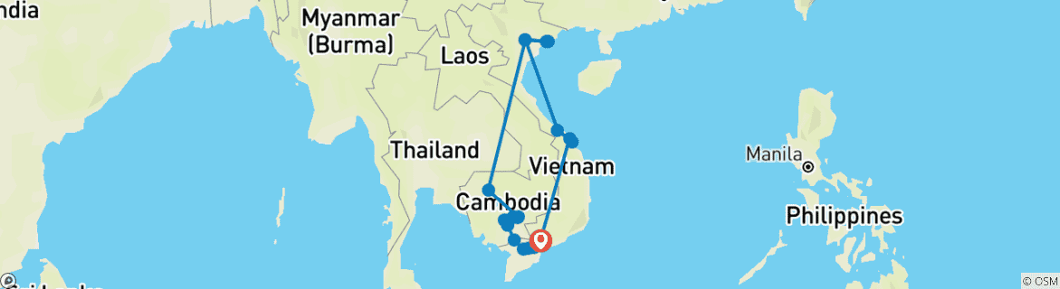 Image of a map showing the route of the tour