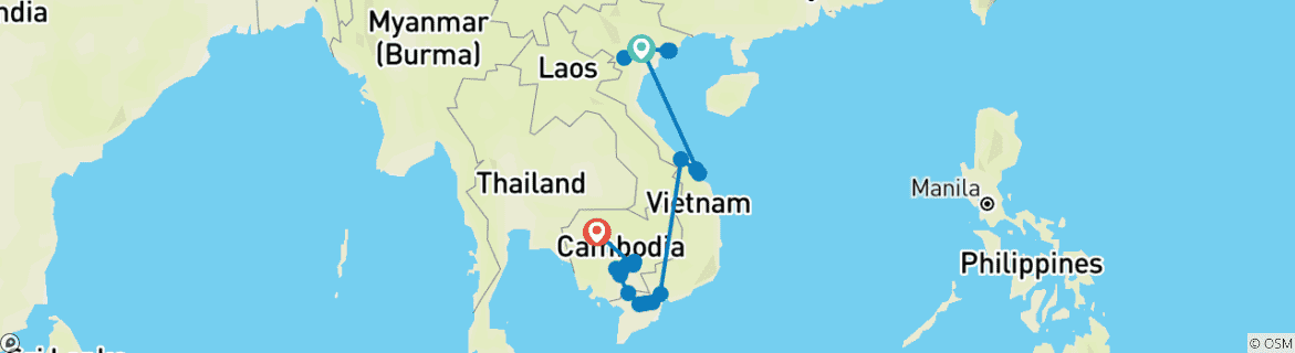 Image of a map showing the route of the tour