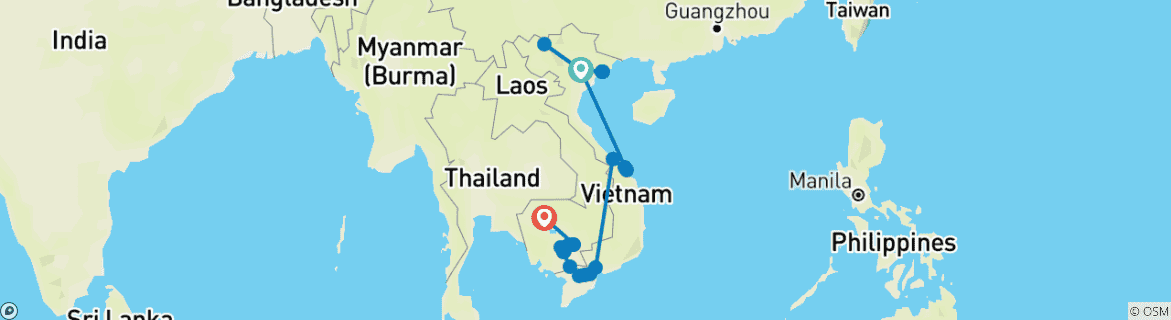 Image of a map showing the route of the tour