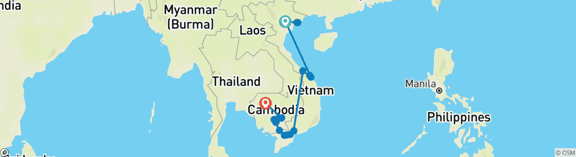 Image of a map showing the route of the tour