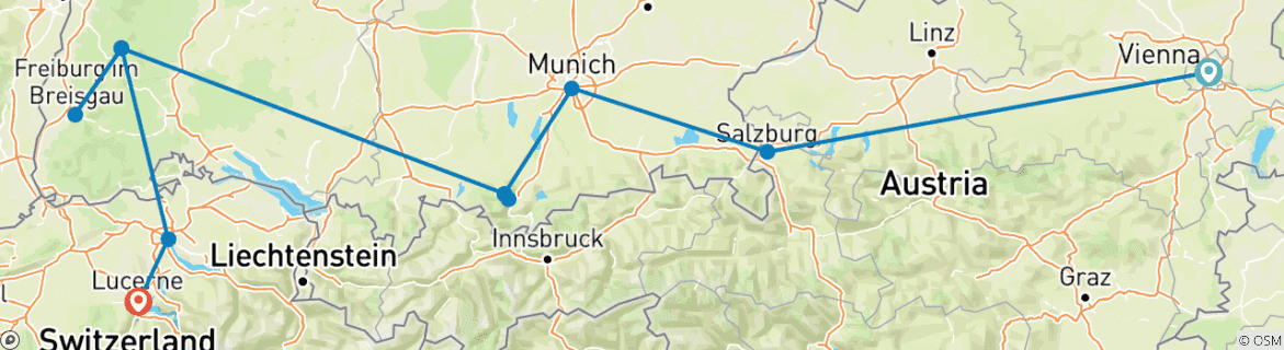 Image of a map showing the route of the tour