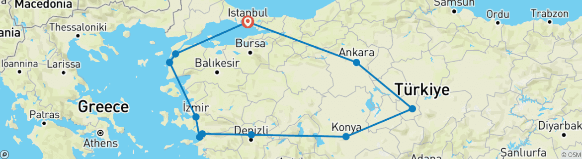 Image of a map showing the route of the tour