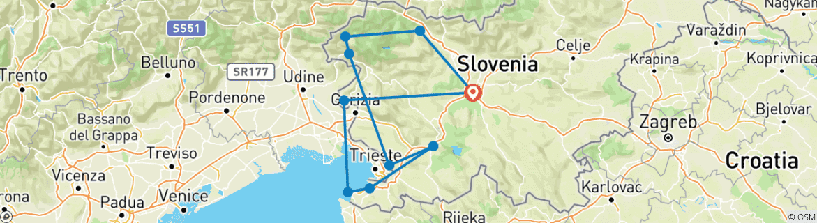 Image of a map showing the route of the tour