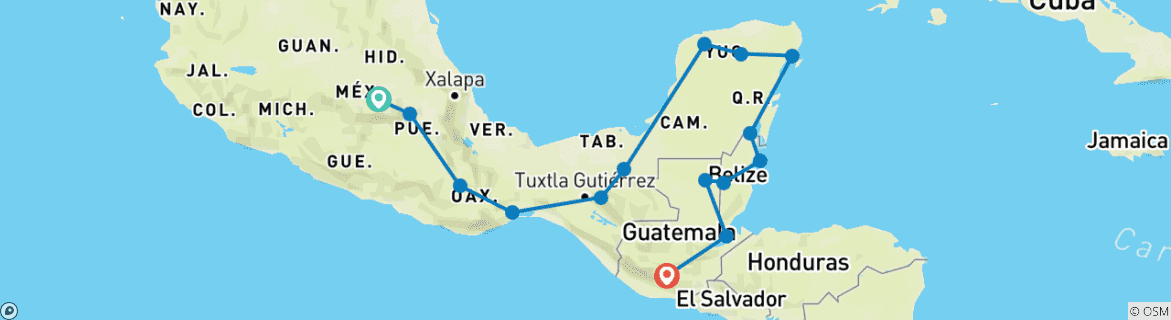 Image of a map showing the route of the tour