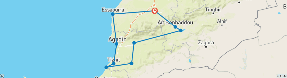 Image of a map showing the route of the tour