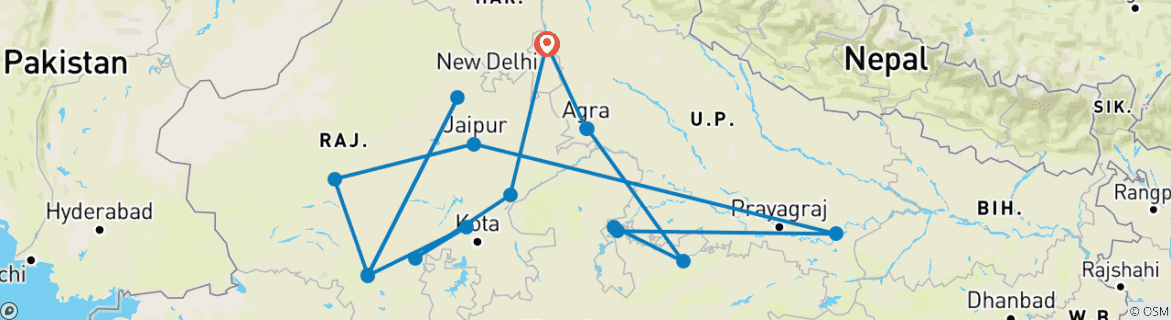 Image of a map showing the route of the tour