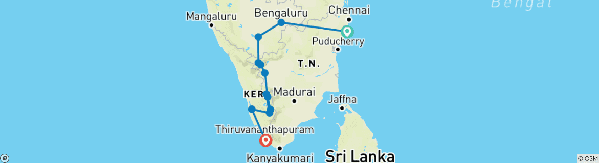 Image of a map showing the route of the tour