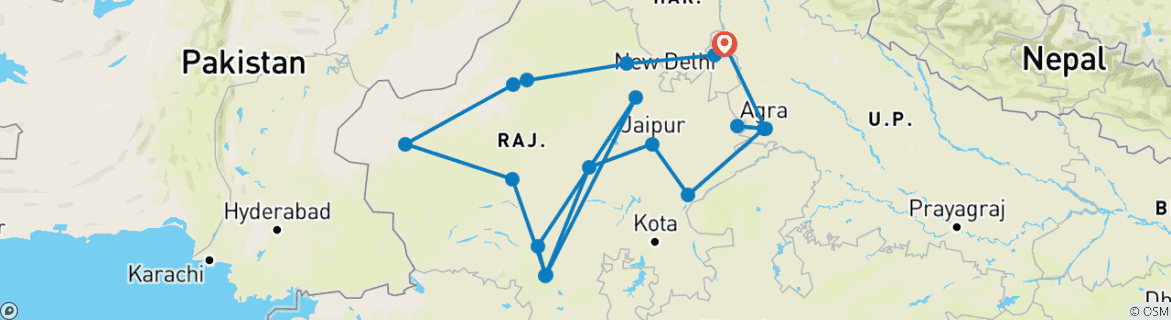 Image of a map showing the route of the tour