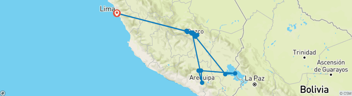 Image of a map showing the route of the tour
