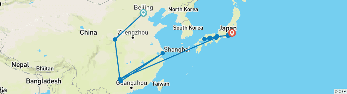 Image of a map showing the route of the tour