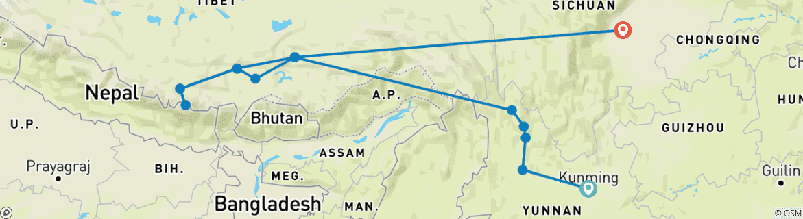 Image of a map showing the route of the tour