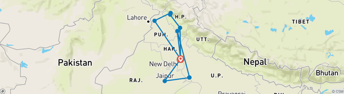 Image of a map showing the route of the tour