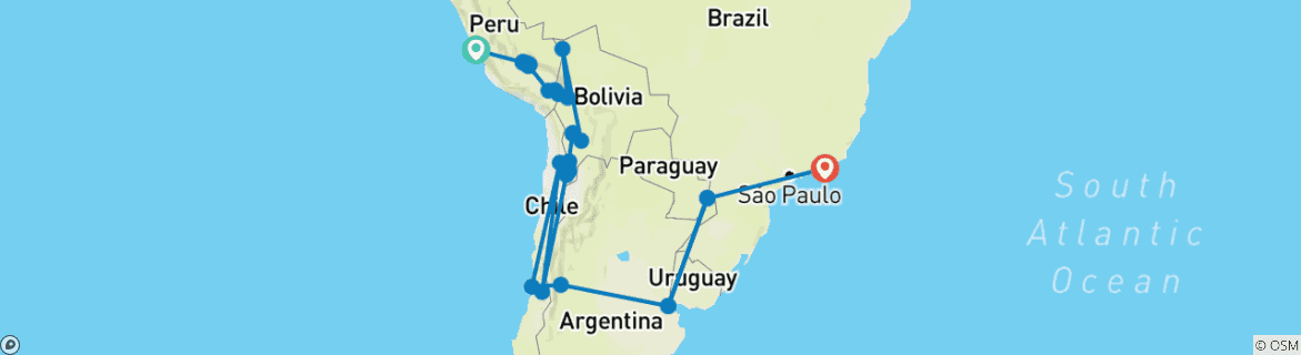 Image of a map showing the route of the tour