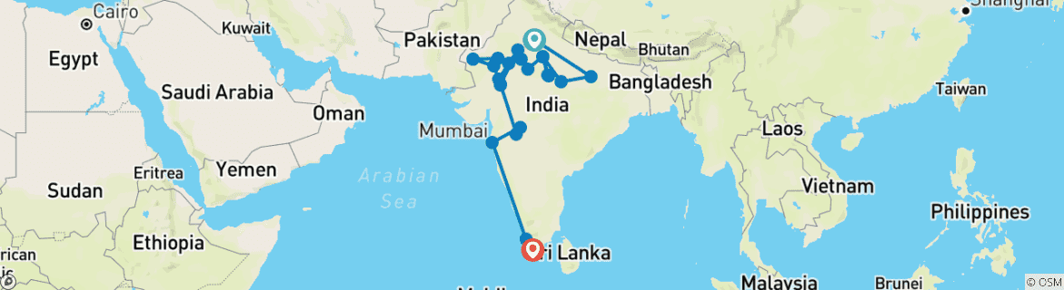 Image of a map showing the route of the tour